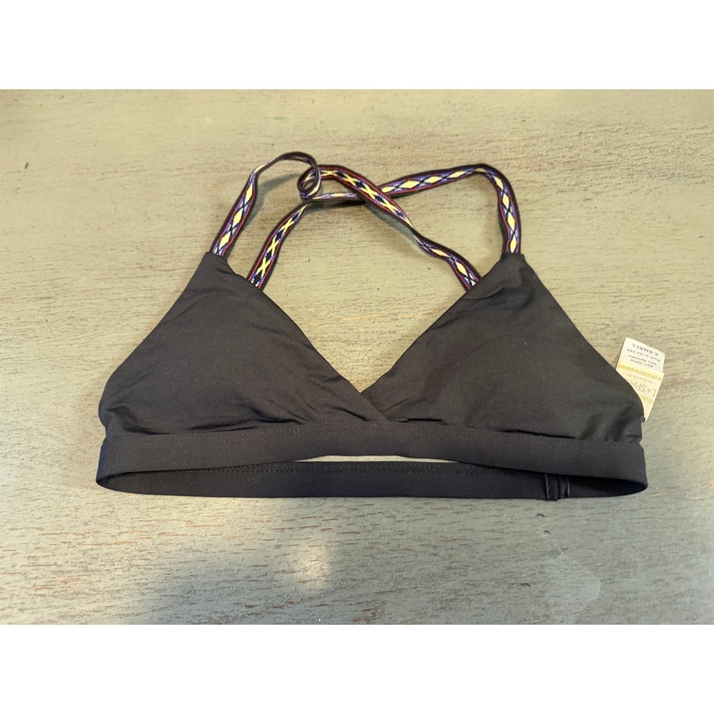 L*Space Black Triangle Bikini Top Embroidered Straps XS Made in USA NWOT
